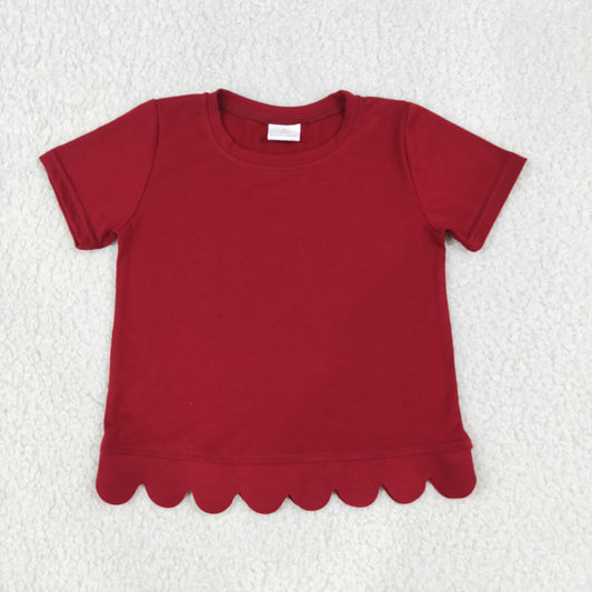 RTS NO MOQ （In stock）cotton GT1774 Baby Girls Red Short Sleeve Scallop T‑shirts Top Summer Spring Casual Pullover Tees