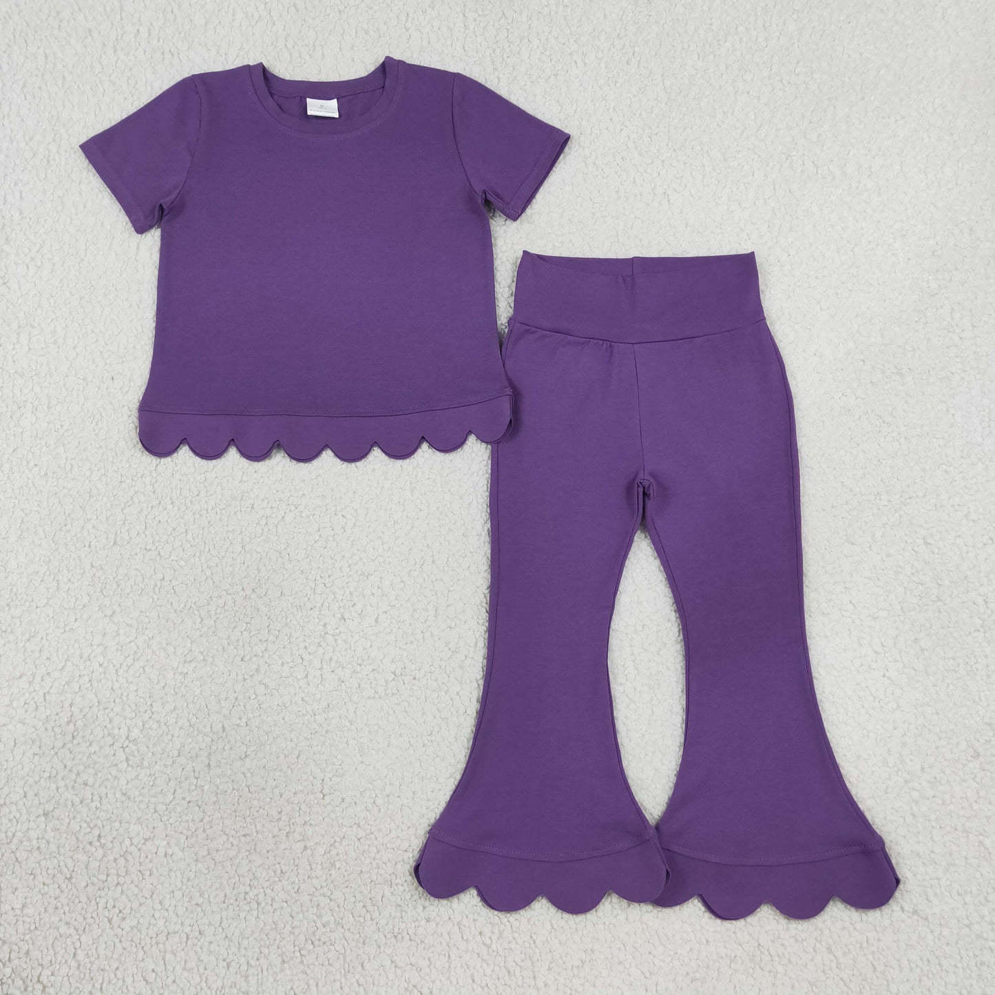 RTS NO MOQ （In stock）cotton GSPO2346（GT1776+P1084）Baby Girls Purple Short Sleeve Shirts Top Flare Pant Scallop Sets