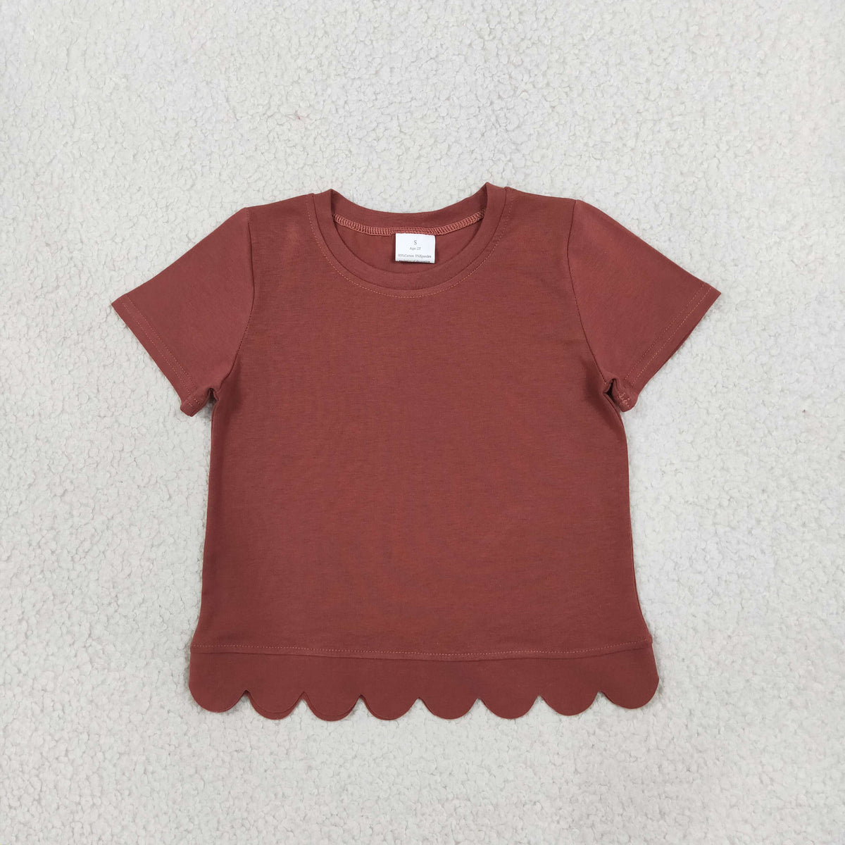 RTS NO MOQ （In stock）cotton GT1777 Baby Girls Brown Short Sleeve Scallop T-shirts Top