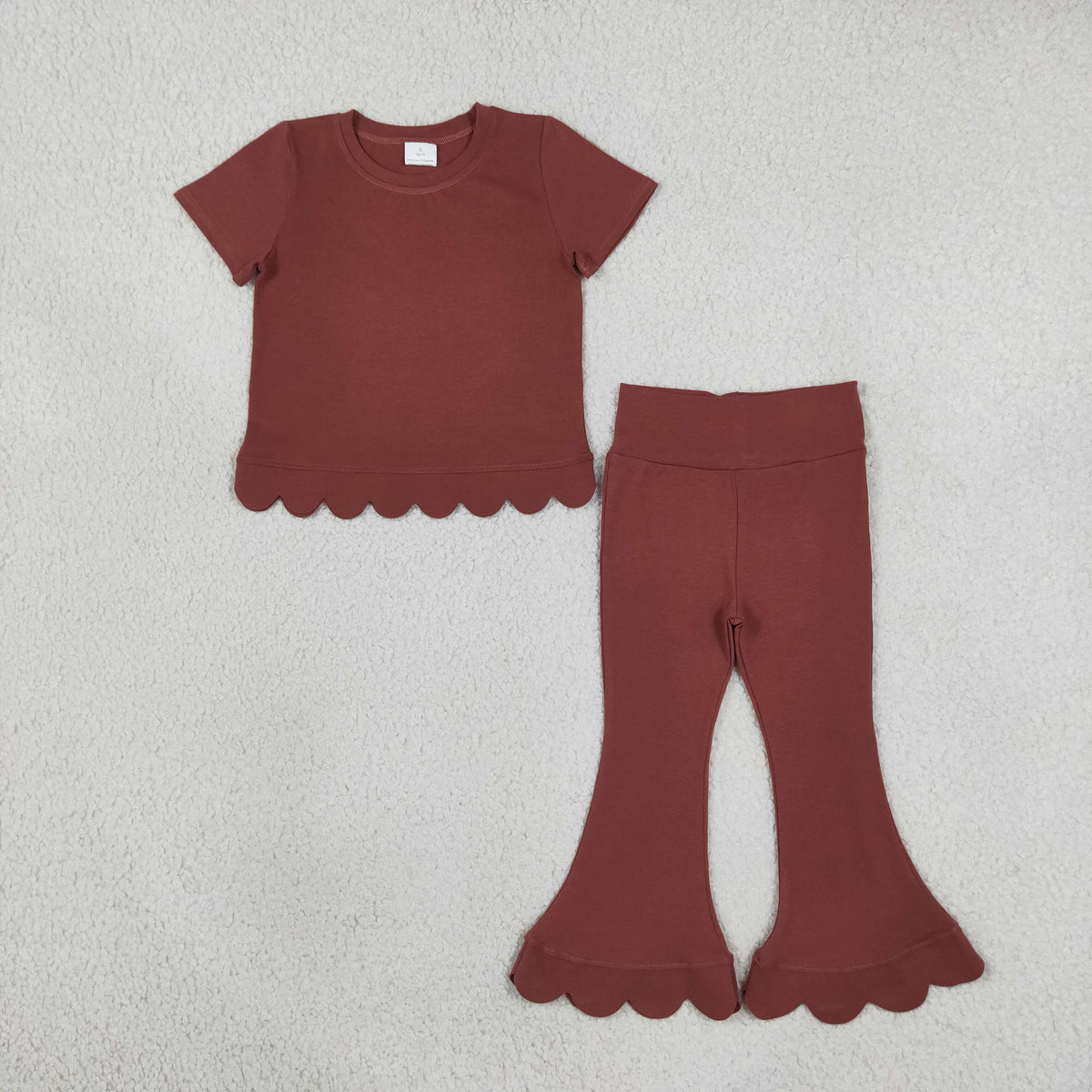 RTS NO MOQ （In stock）cotton GSPO2347（GT1777+P1085）Baby Girls Brown Short Sleeve Shirts Top Flare Pant Scallop Set