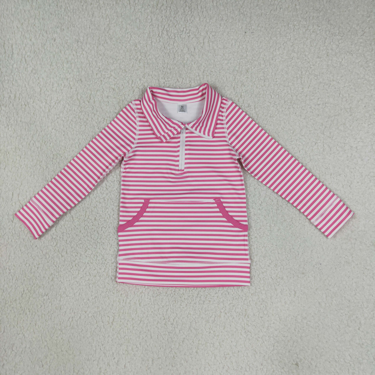 RTS NO MOQ （In stock）GT1783 Yoga Baby Girls Pink White Striped Team Print Zipper Pullover Yoga Active Top