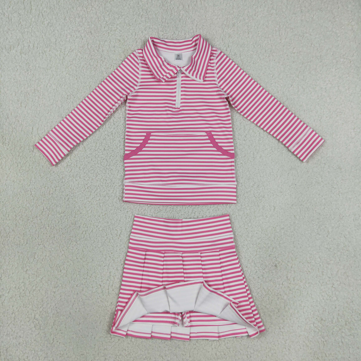 RTS NO MOQ （In stock）yoga fabric GLD1699(GT1783+GLK0335) Yoga Baby Girls Pink White Striped Half Zip Pocket Long Sleeve Top And Skort Yoga Active Clothes Set