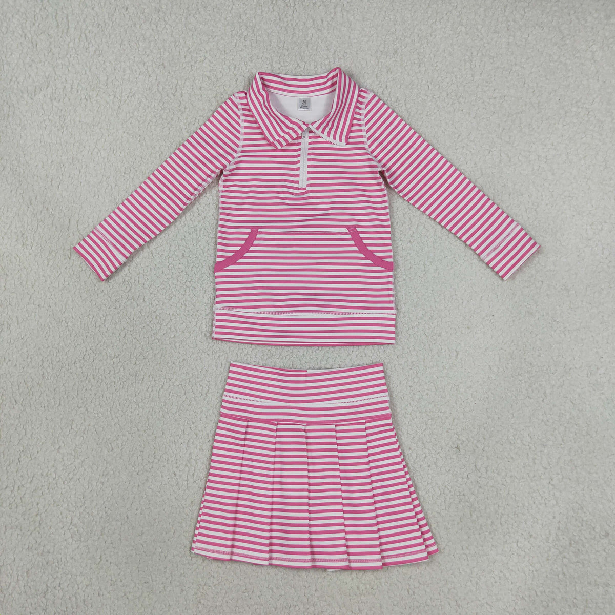 RTS NO MOQ （In stock）yoga fabric GLD1699(GT1783+GLK0335) Yoga Baby Girls Pink White Striped Half Zip Pocket Long Sleeve Top And Skort Yoga Active Clothes Set