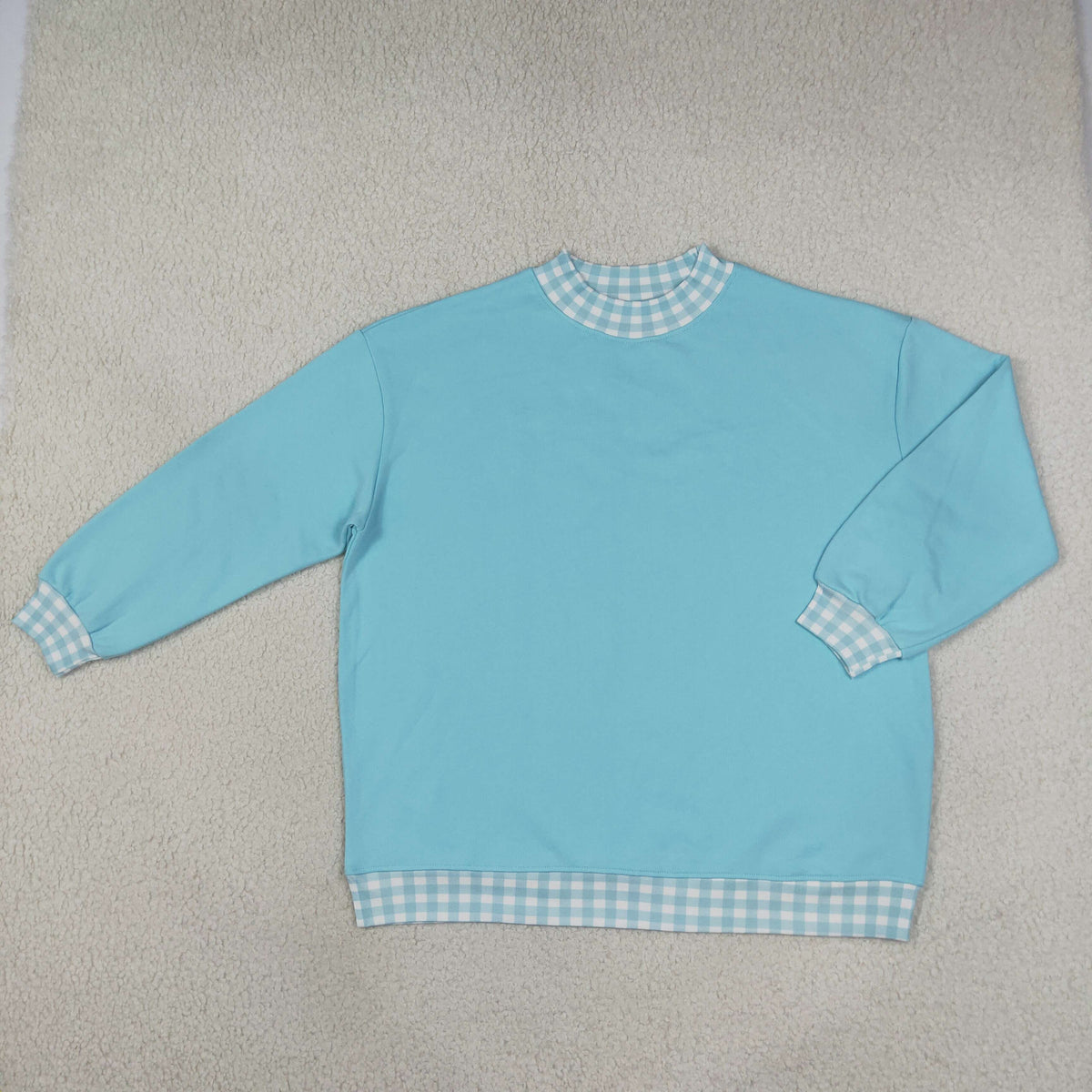 RTS NO MOQ （In stock）milk silk GT1795 Adult Women Light Blue Sweater Gingham Tee Shirts Tops Casual Daily Wear Top