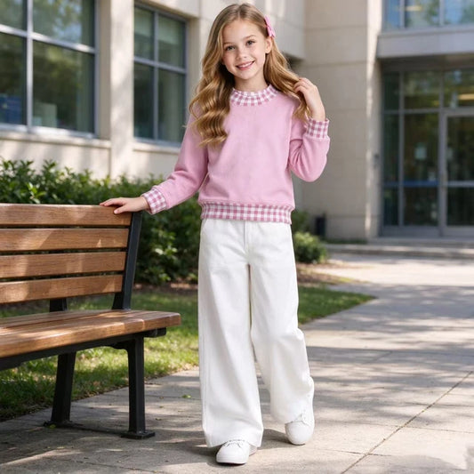 RTS NO MOQ （In stock）fleece GT1798 Sweatshirt Material Kids Girls Pink Long Sleeve Fall T‑shirts Casual Tops