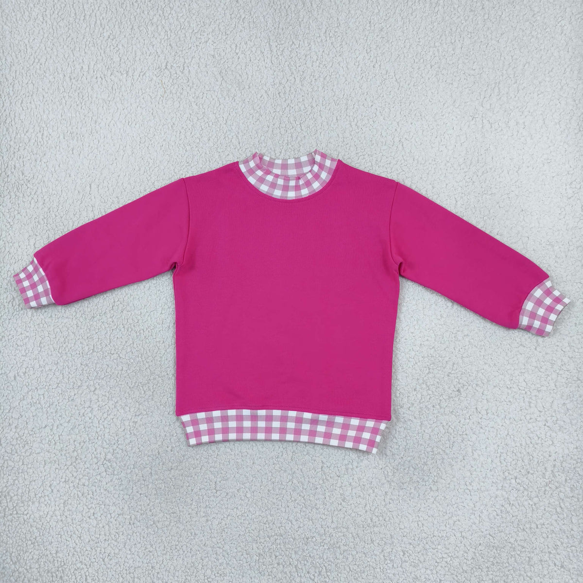 RTS NO MOQ Sibling milk silk Baby Girls Solid Color Long Sleeve Sweatshirt With Gingham Check Trim Collar Cuff Hem