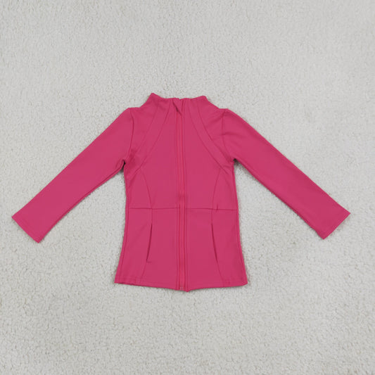 RTS NO MOQ （In stock）yoga fabric GT1802 Long sleeves hot pink pocket zipper kids girls yoga top
