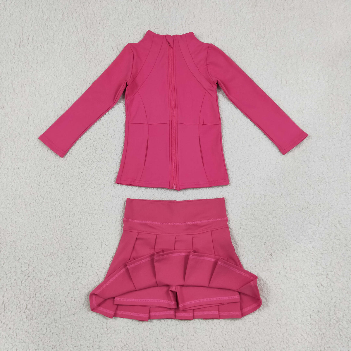 RTS NO MOQ （In stock）yoga fabric cotton GLD1703 （GT1802+GLK0079）Yoga Girls Hot pink Zip Long Sleeve Top Skorts Bottom Pleated Skirts Yoga Set