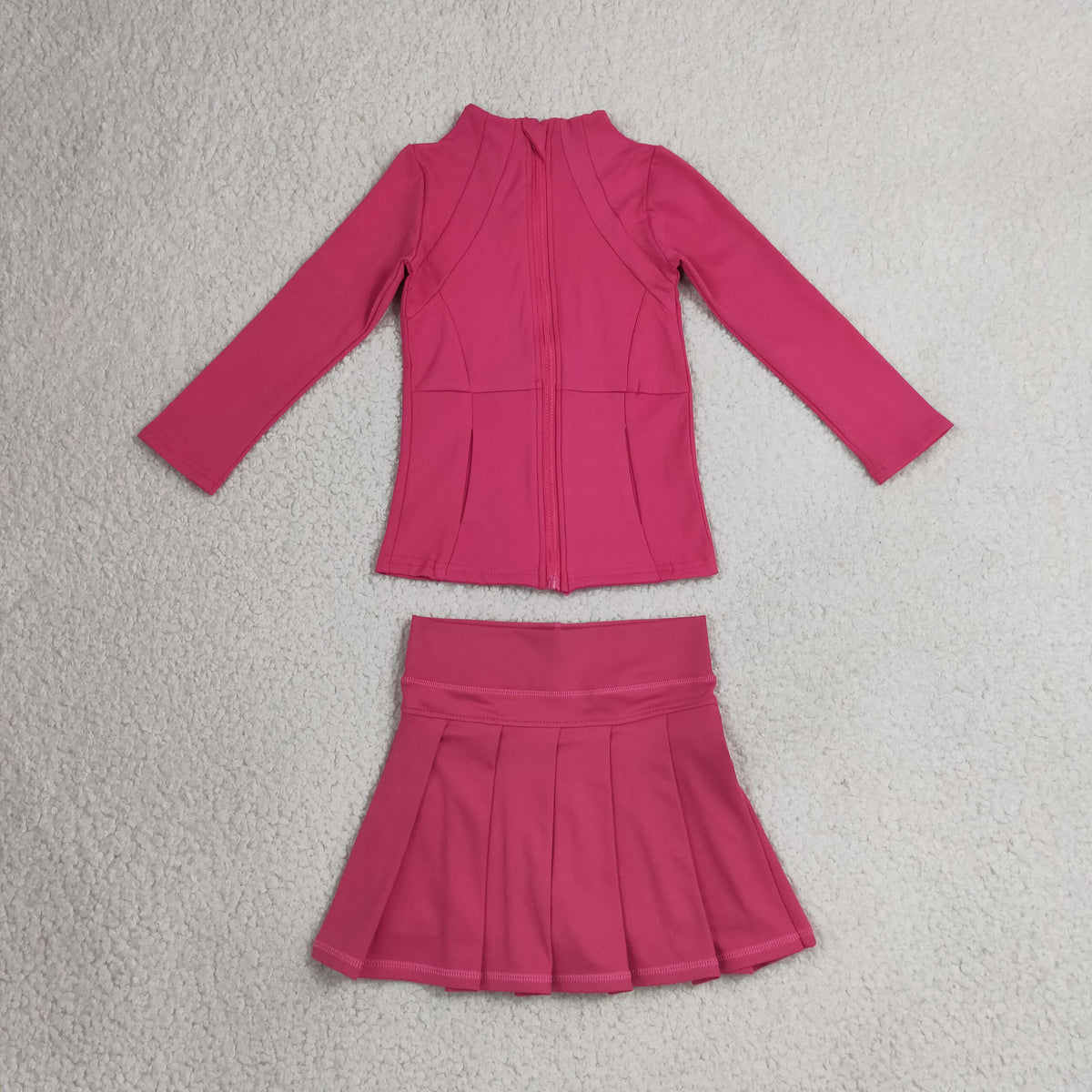 RTS NO MOQ （In stock）yoga fabric cotton GLD1703 （GT1802+GLK0079）Yoga Girls Hot pink Zip Long Sleeve Top Skorts Bottom Pleated Skirts Yoga Set