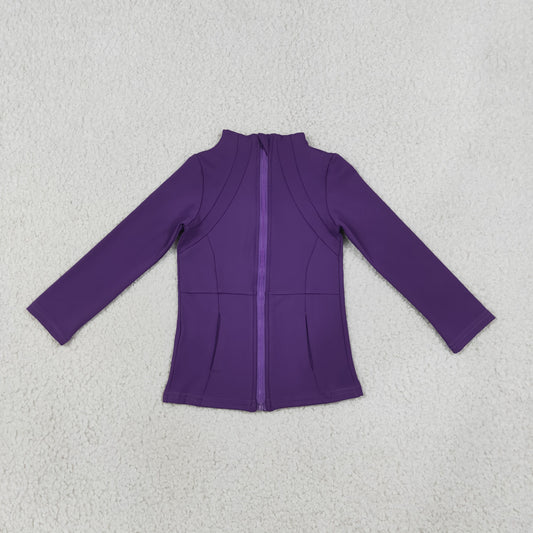 RTS NO MOQ （In stock）GT1803 Yoga Baby Girls Purple Long Sleeves Yoga Active Pockets Zip Pullovers Tops