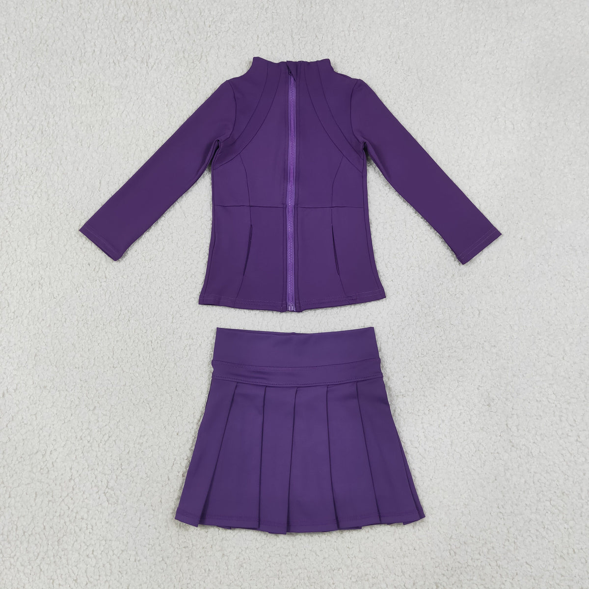 RTS NO MOQ （In stock）yoga fabric cotton GLD1704(GT1803+GLK0086) Yoga Toddler Girls Purple Zip Long Sleeve Top Skorts Bottom Pleated Skirts Yoga Set