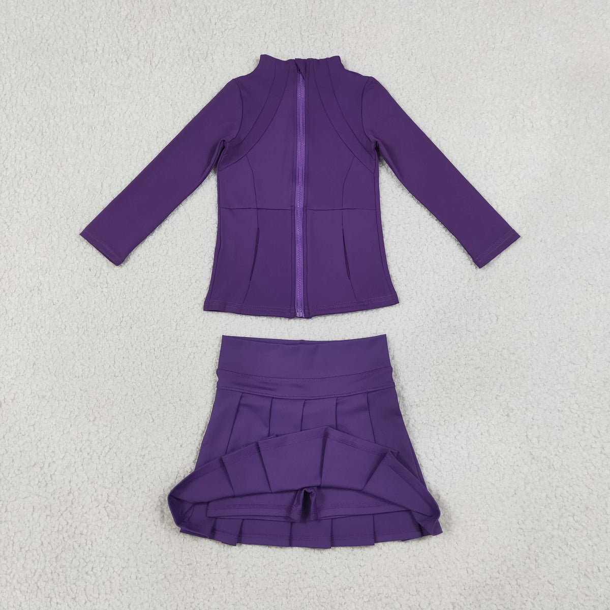 RTS NO MOQ （In stock）yoga fabric cotton GLD1704(GT1803+GLK0086) Yoga Toddler Girls Purple Zip Long Sleeve Top Skorts Bottom Pleated Skirts Yoga Set