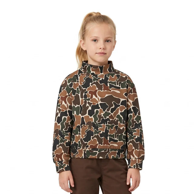 RTS NO MOQ （In stock）yoga fabric GT1812 High Neck Baby Girls Dark Brown Camo Yoga Long Sleeve T-shirts Top