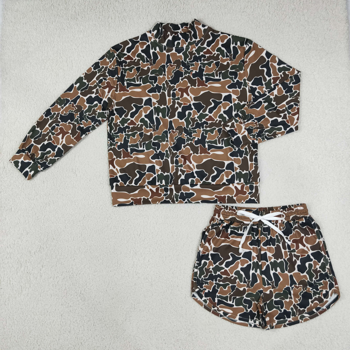 RTS NO MOQ （In stock）yoga fabric GLS0185（GT1817+SS0988）Yoga Adult Women High Neck Dark Brown Camo Long Sleeve Top Pockets Shorts Yoga Active Clothes Set