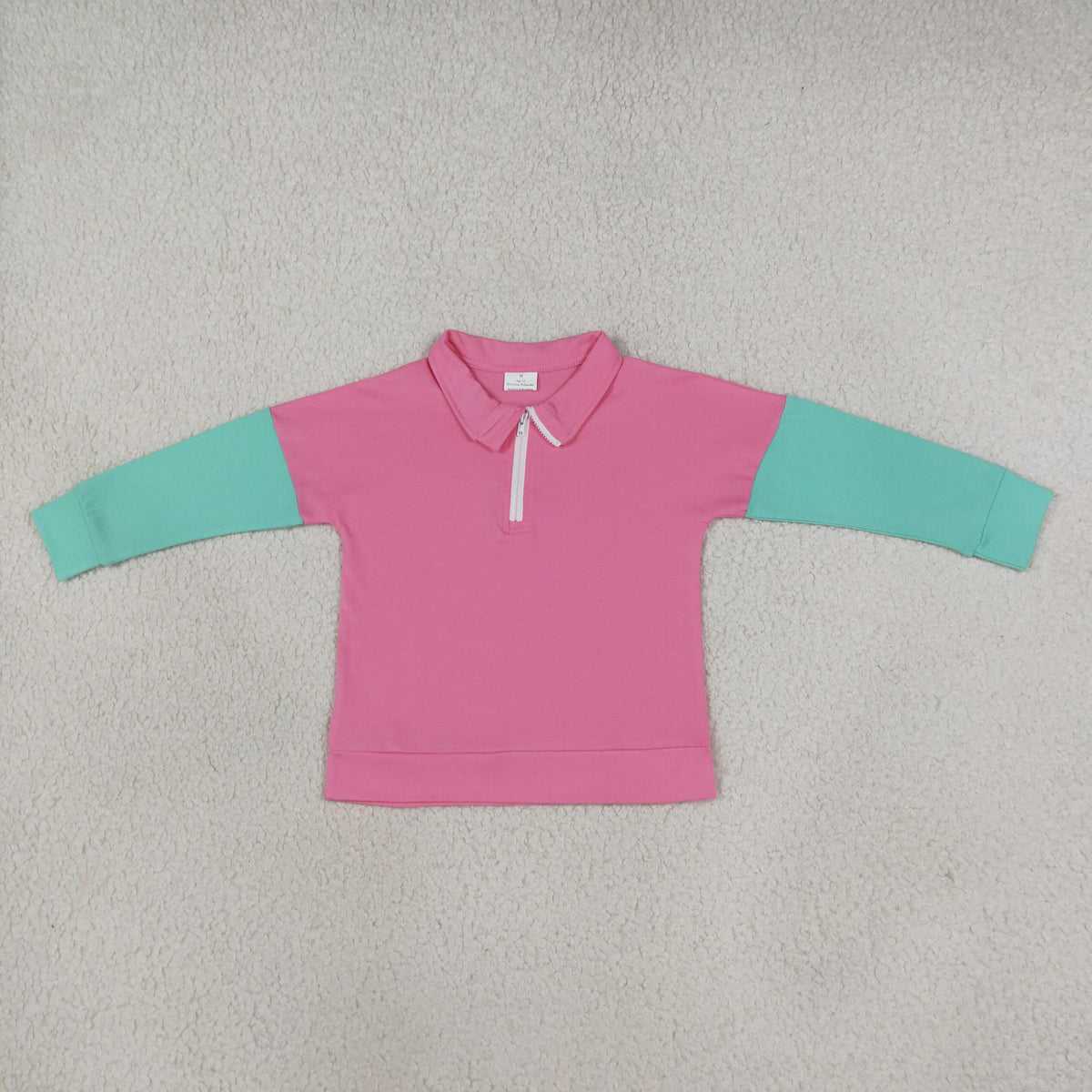 RTS NO MOQ （In stock）cotton GT1820 Baby Girls Long Sleeve Pink Aqua Patchwork Zip Pullovers Top