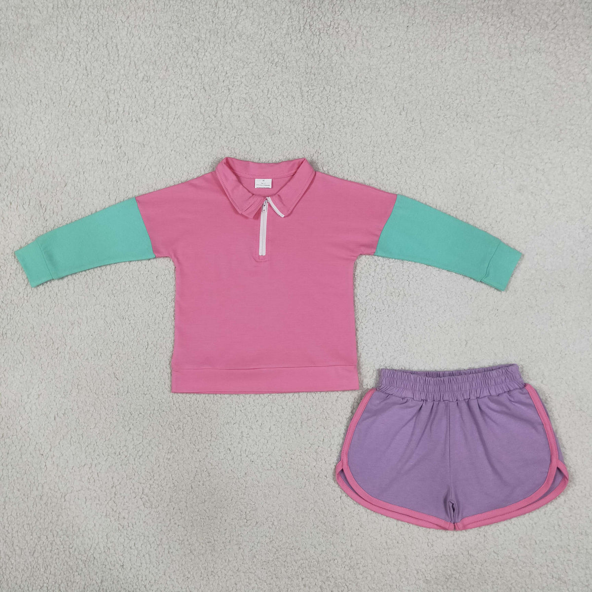 RTS NO MOQ （In stock）cotton GLS0193（GT1820+SS0991）Baby Girls Patchwork Zip Pullovers Pockets Short Clothes Sets