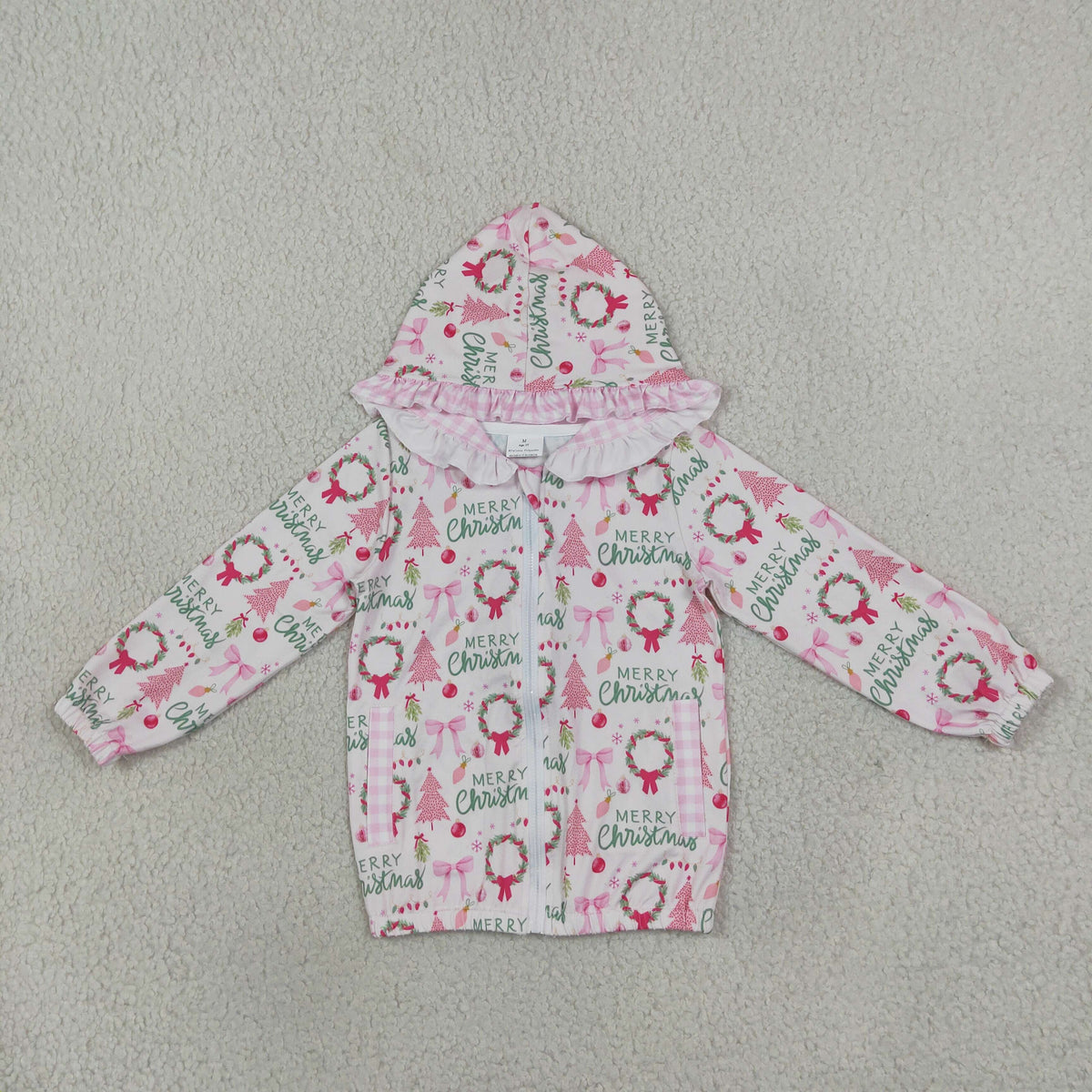 RTS NO MOQ （In stock）GT1822 milk silk Baby Girls Holly Trees Zip Pockets Christmas Ruffle Hoodie Jackets Top