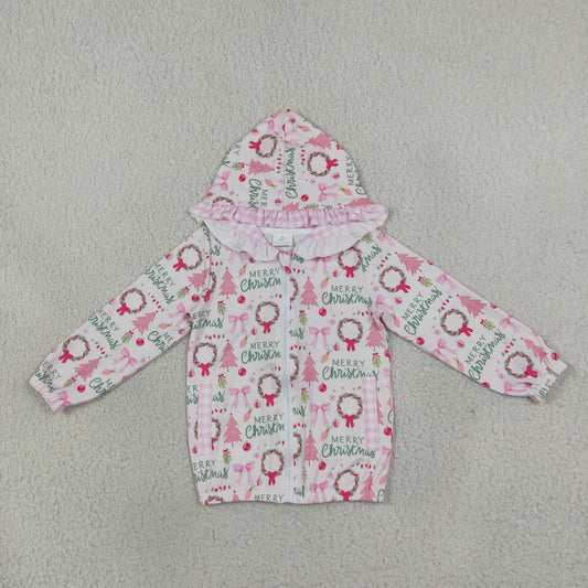 RTS NO MOQ （In stock）GT1822 milk silk Baby Girls Holly Trees Zip Pockets Christmas Ruffle Hoodie Jackets Top
