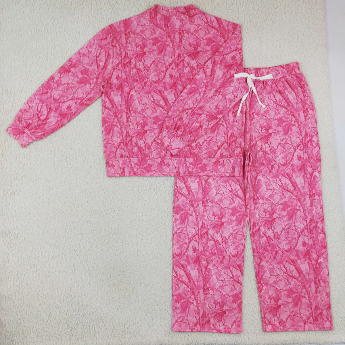 RTS NO MOQ （In stock）milk silk GLP3651 （GT1824+P1138）Adult Women Hot Pink Tree Camo Print Neck Long Sleeve Sweatshirt Pants Casual Outfit Set