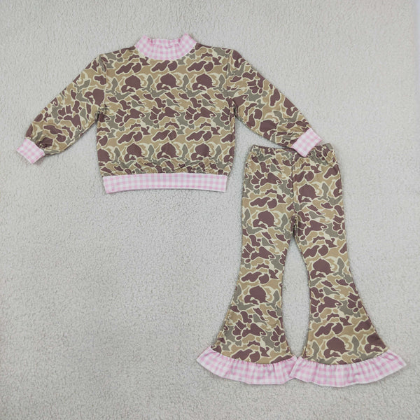 RTS NO MOQ Sibling milk silk High Neck Baby Girls Camo Print Pink Gingham Trim Long Sleeve Top Ruffle Bell Bottom Pant Clothes Set