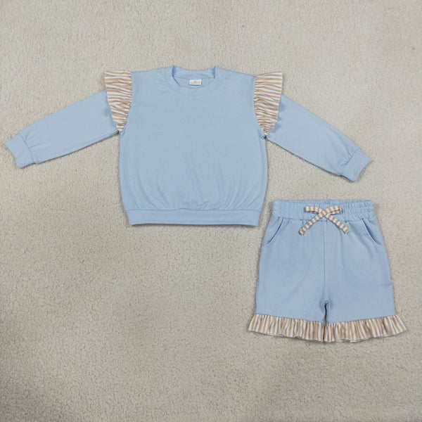 RTS NO MOQ Sibling cotton Baby Girls Green Light Blue Long Sleeve Top With Striped Ruffle And Matching Shorts Or Pants Set
