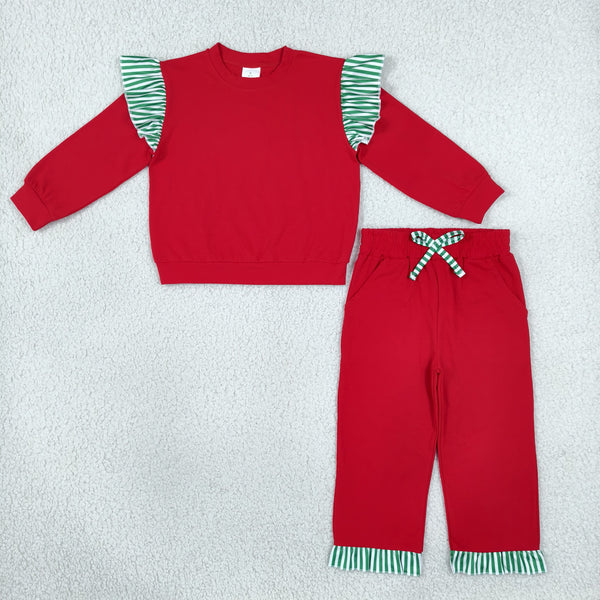 RTS NO MOQ Sibling cotton Baby Girls Solid Color Stripe Ruffle Sleeve Top Ruffle Hem Pant Clothes Set