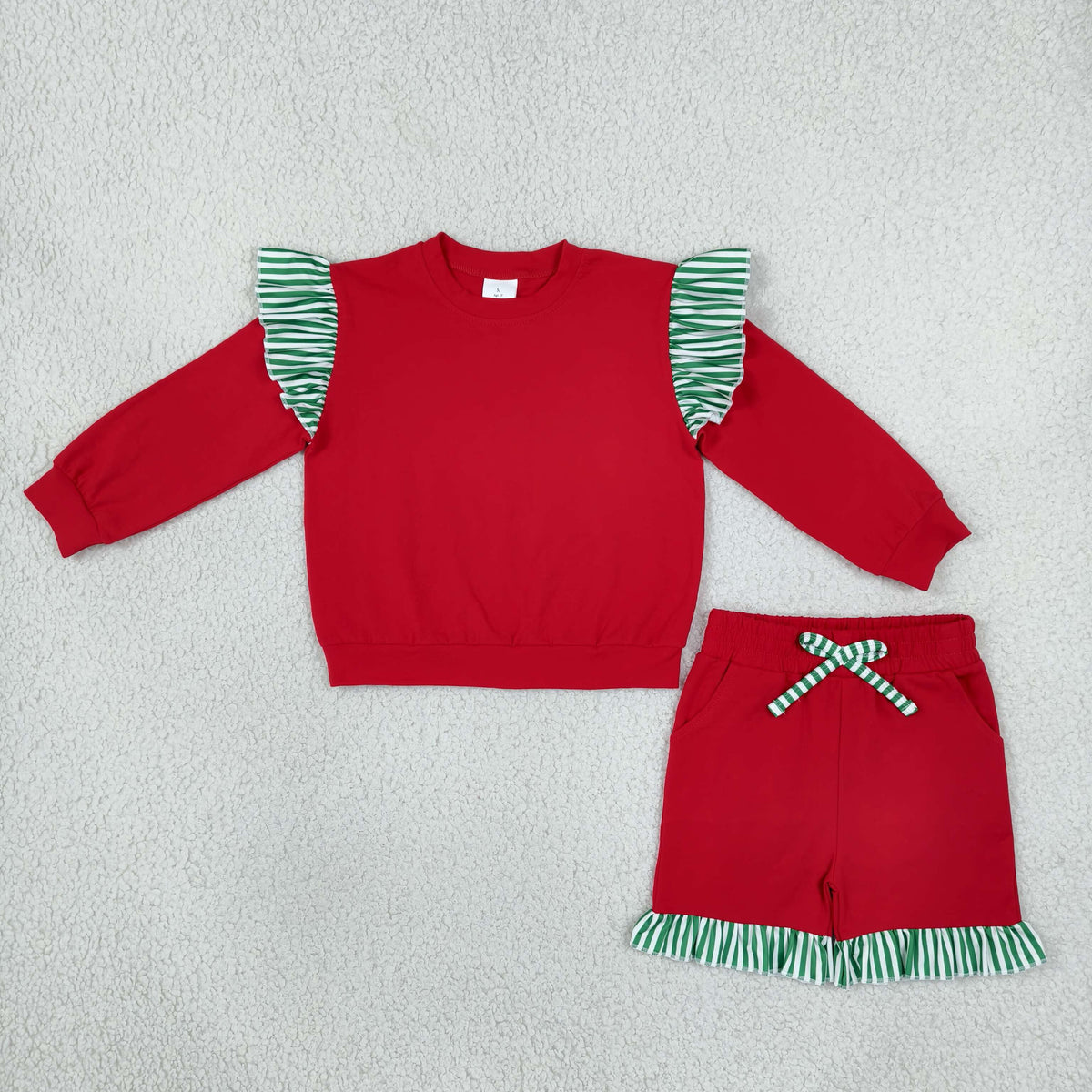 RTS NO MOQ （In stock）cotton GLS0217（GT1844+SS0997）Baby Girls Stripe Flutter Sleeve Red Top Pockets Ruffle Short Clothes Set