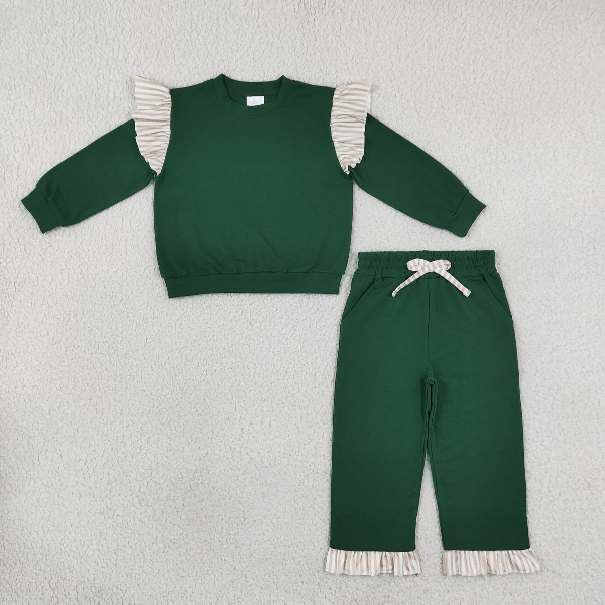 RTS NO MOQ （In stock）Cotton cotton GLP3698（GT1845+P1154）Baby Girls Green Stripe Flutter Sleeve Top Pockets Ruffle Pant Clothes Set
