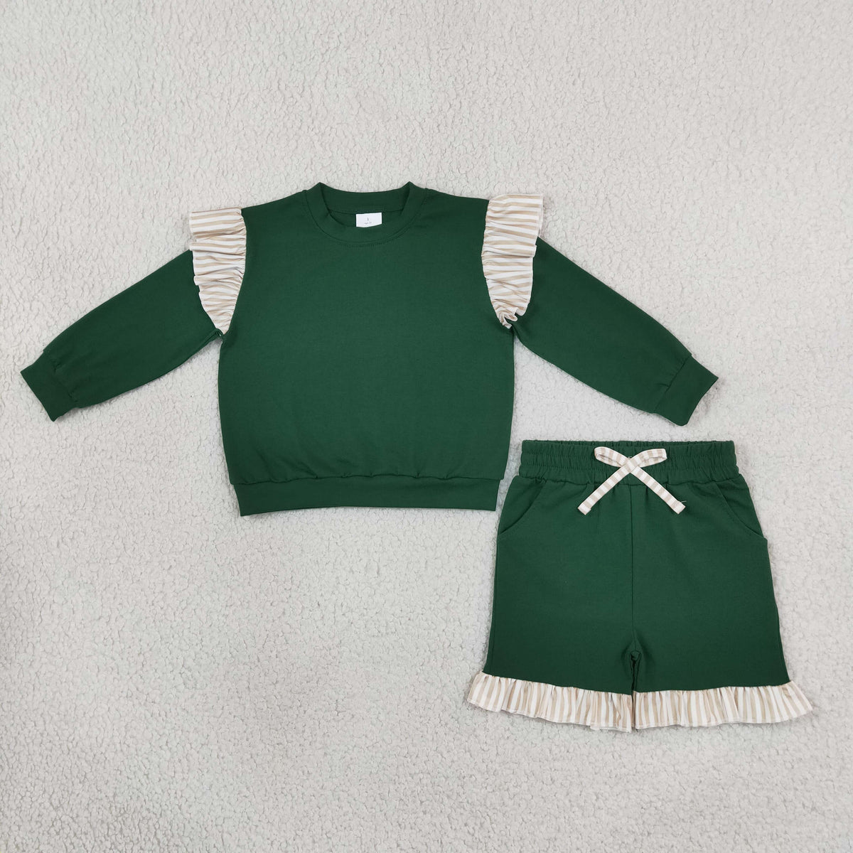 RTS NO MOQ （In stock）cotton GLS0218（GT1845+SS0998）Baby Girls Green Stripe Flutter Sleeve Top Pockets Ruffle Short Clothes Set