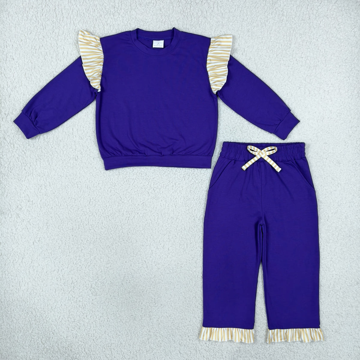 RTS NO MOQ （In stock）cotton GLP3699（GT1846+P1155）Baby Girls Purple Stripe Flutter Sleeve Top Pockets Ruffle Pant Clothes Set