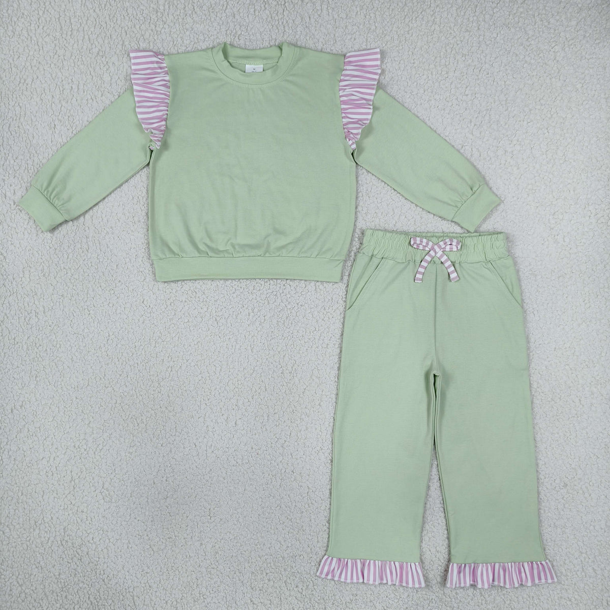 RTS NO MOQ （In stock）cotton GLP3700（GT1847+P1156）Baby Girls Light Green Stripe Flutter Sleeve Top Pockets Ruffle Pant Set
