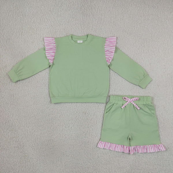 RTS NO MOQ Sibling cotton Baby Girls Light Green Long Sleeve Top With Striped Ruffle And Matching Shorts Or Pants Set