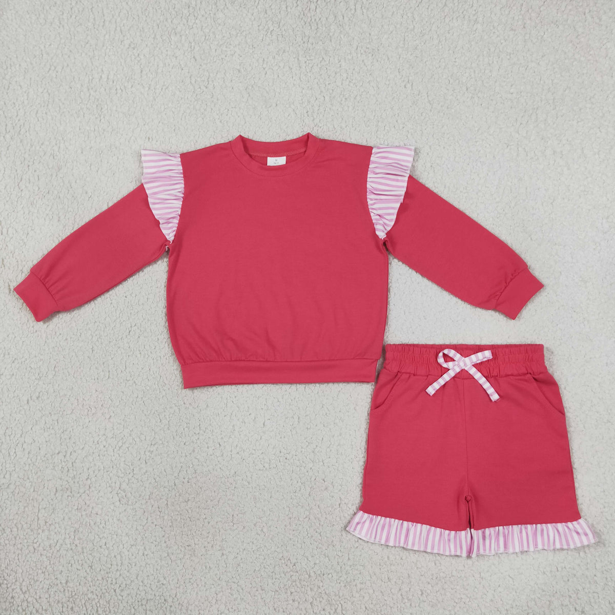 RTS NO MOQ （In stock）cotton GLS0221（GT1848+SS1001） Baby Girls Watermelon Red Stripe Flutter Sleeve Top Pockets Ruffle Short Clothes Set