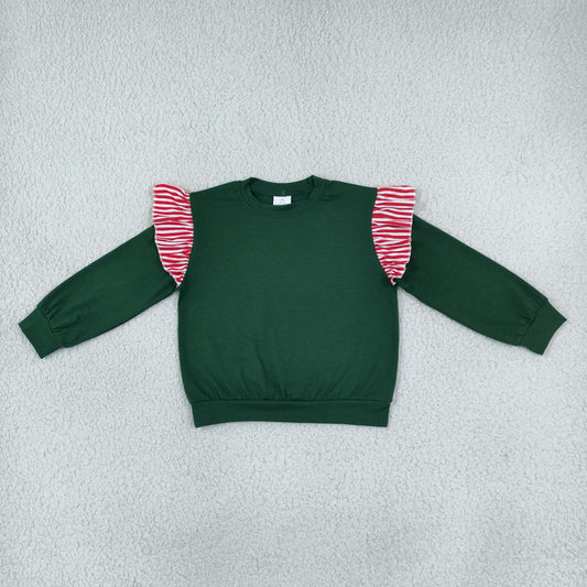 RTS NO MOQ （In stock）cotton T1850 Baby Girls Green Red Stripe Long Flutter Sleeve Casual T Shirts Top For Daily Wear
