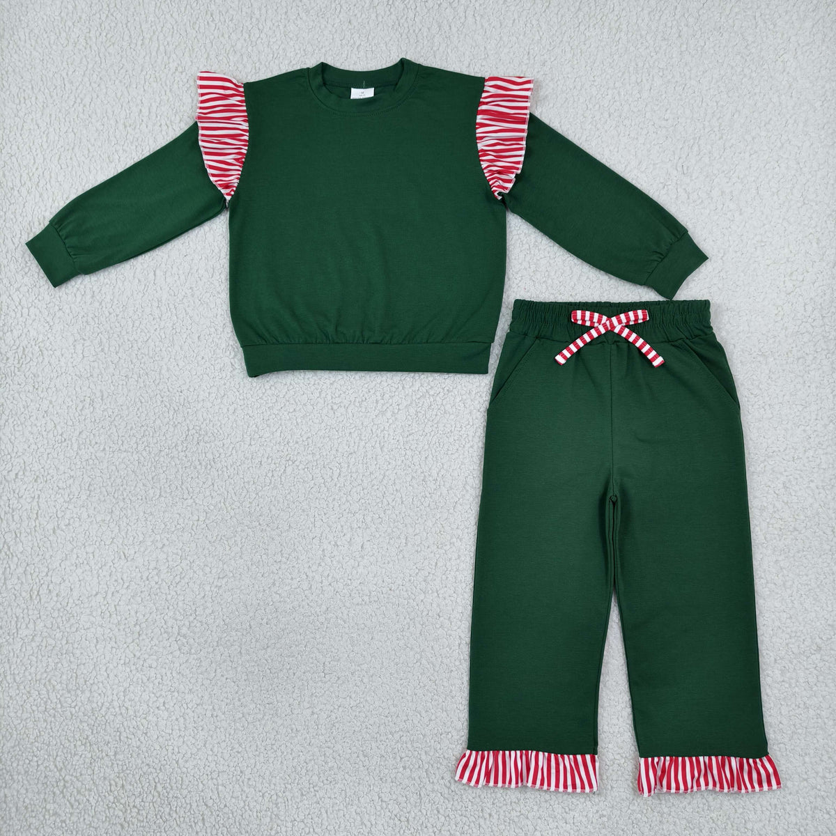 RTS NO MOQ Sibling milk silk Baby Girls Christmas Green Stripe Ruffle Long Sleeve Top Pant Short Set