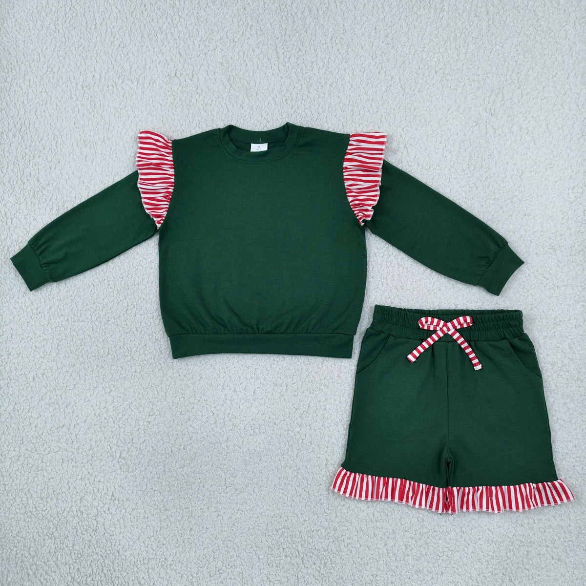 RTS NO MOQ Sibling milk silk Baby Girls Christmas Green Stripe Ruffle Long Sleeve Top Pant Short Set