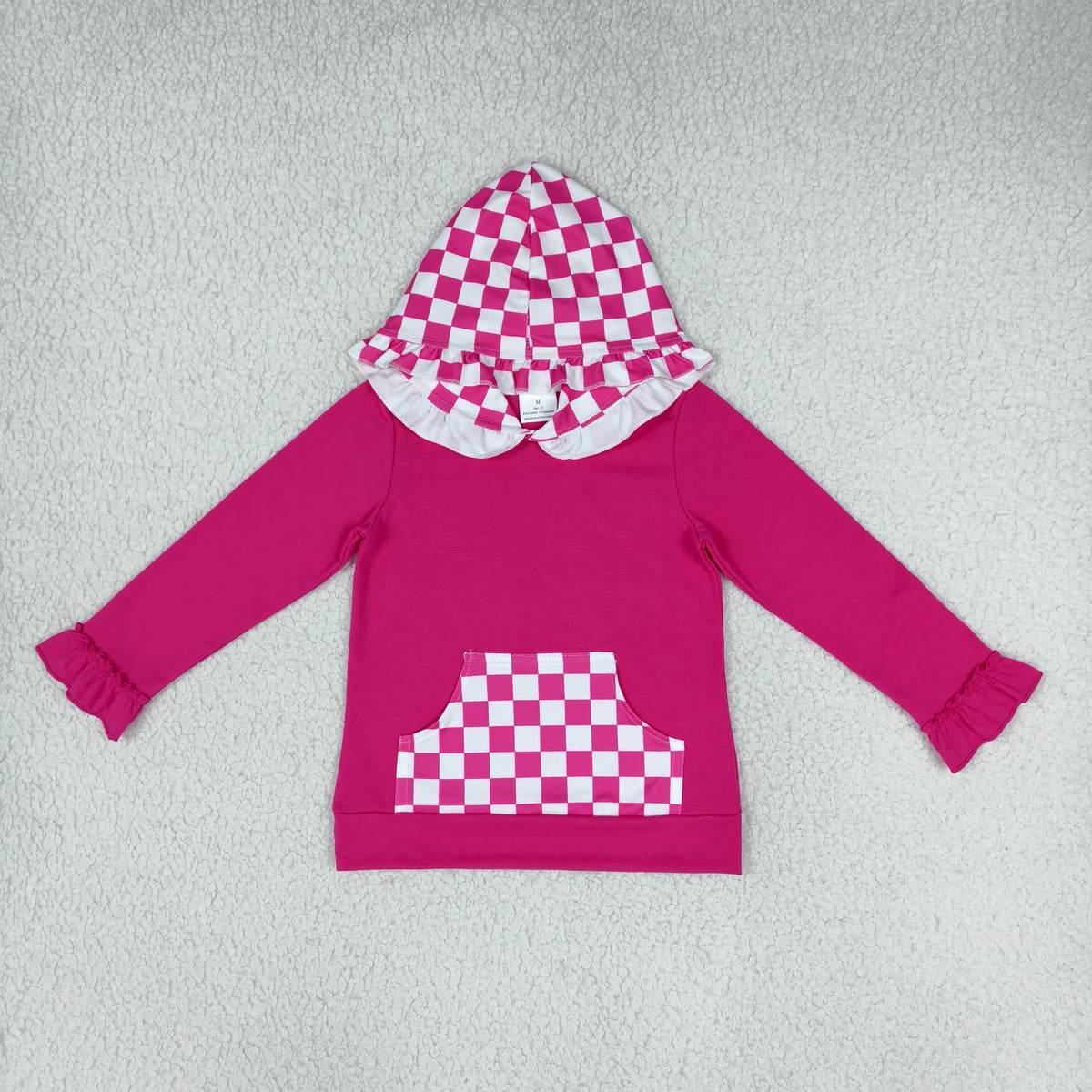 RTS NO MOQ （In stock）cotton GT1851 Baby Girls Long Sleeve Hot Pink Checked Pocket Ruffle Hoodies Top