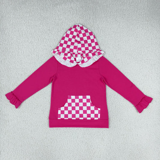 RTS NO MOQ （In stock）cotton GT1851 Baby Girls Long Sleeve Hot Pink Checked Pocket Ruffle Hoodies Top