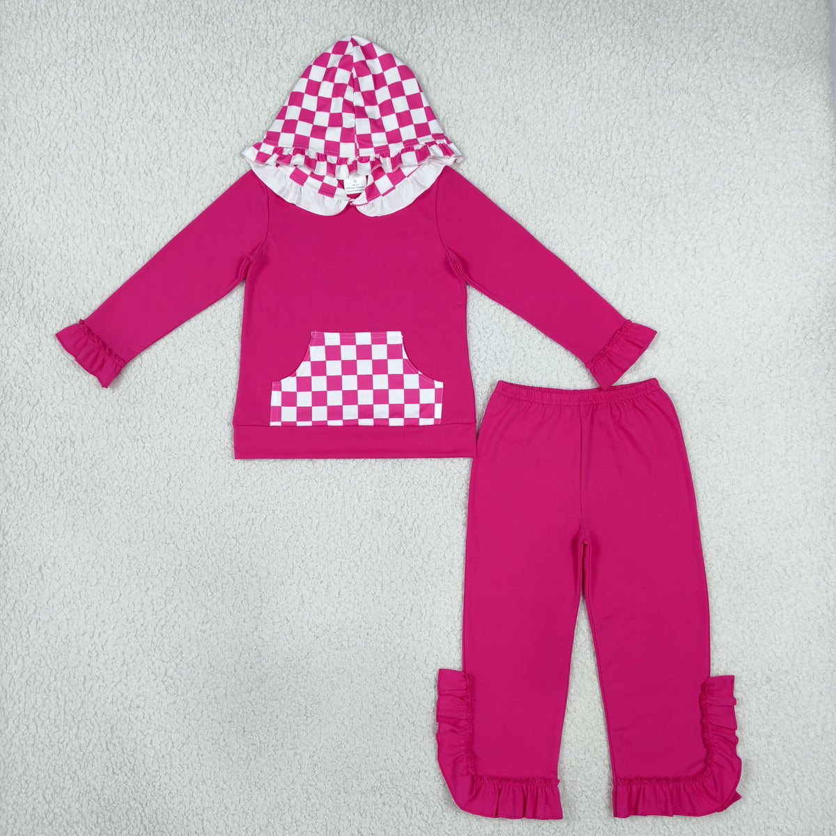 RTS NO MOQ （In stock）cotton GLP3709（GT1851+P1161）Baby Girls Hot Pink Checked Pocket Hoodie Ruffle Pant Outfit