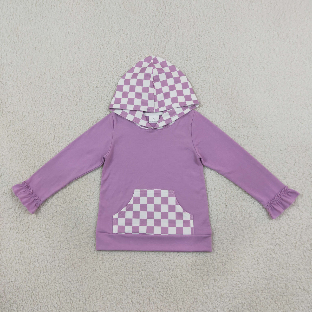 RTS NO MOQ （In stock）milk silk GT1852 Baby Girls Lavender Checked Pocket Ruffle Long Sleeve Hoodies Top