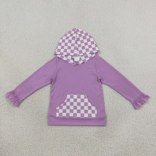 RTS NO MOQ （In stock）GLP3710（GT1852+P1162）milk silk GT1852 Baby Girls Lavender Checked Pocket Ruffle Casual Long Sleeve Hoodies Top