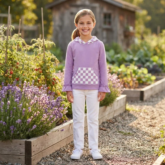 RTS NO MOQ （In stock）milk silk GT1852 Baby Girls Lavender Checked Pocket Ruffle Long Sleeve Hoodies Top