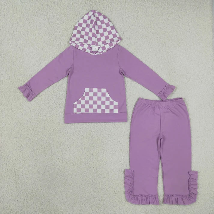 Sibling cotton Baby Girls Checkerboard Print Hooded Top Ruffle Hem Pants Set