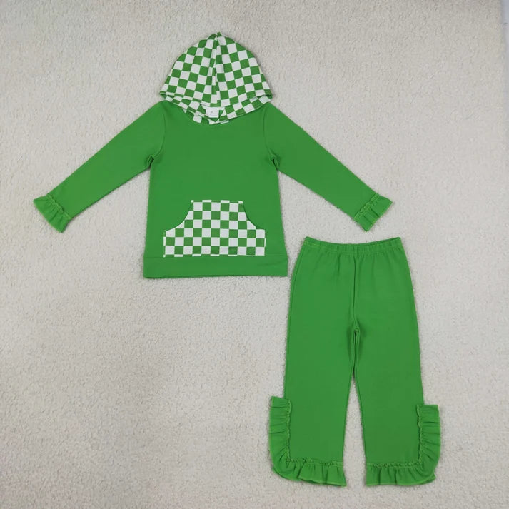 Sibling cotton Baby Girls Checkerboard Print Hooded Top Ruffle Hem Pants Set