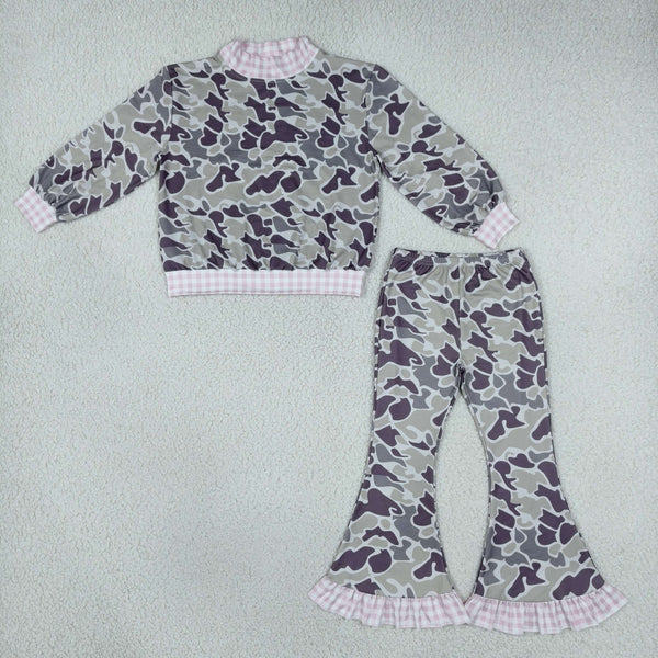RTS NO MOQ Sibling milk silk High Neck Baby Girls Camo Print Pink Gingham Trim Long Sleeve Top Ruffle Bell Bottom Pant Clothes Set