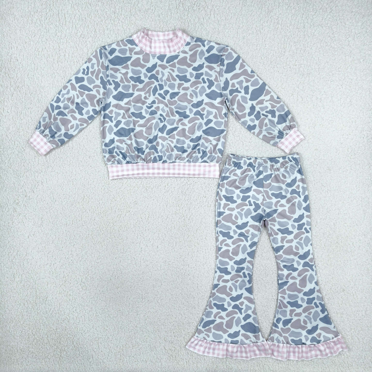 RTS NO MOQ （In stock）milk silk GLP3737（GT1874+P1185）High Neck Baby Girls Light Grey Camo Top Ruffle Flare Pant Clothes Set