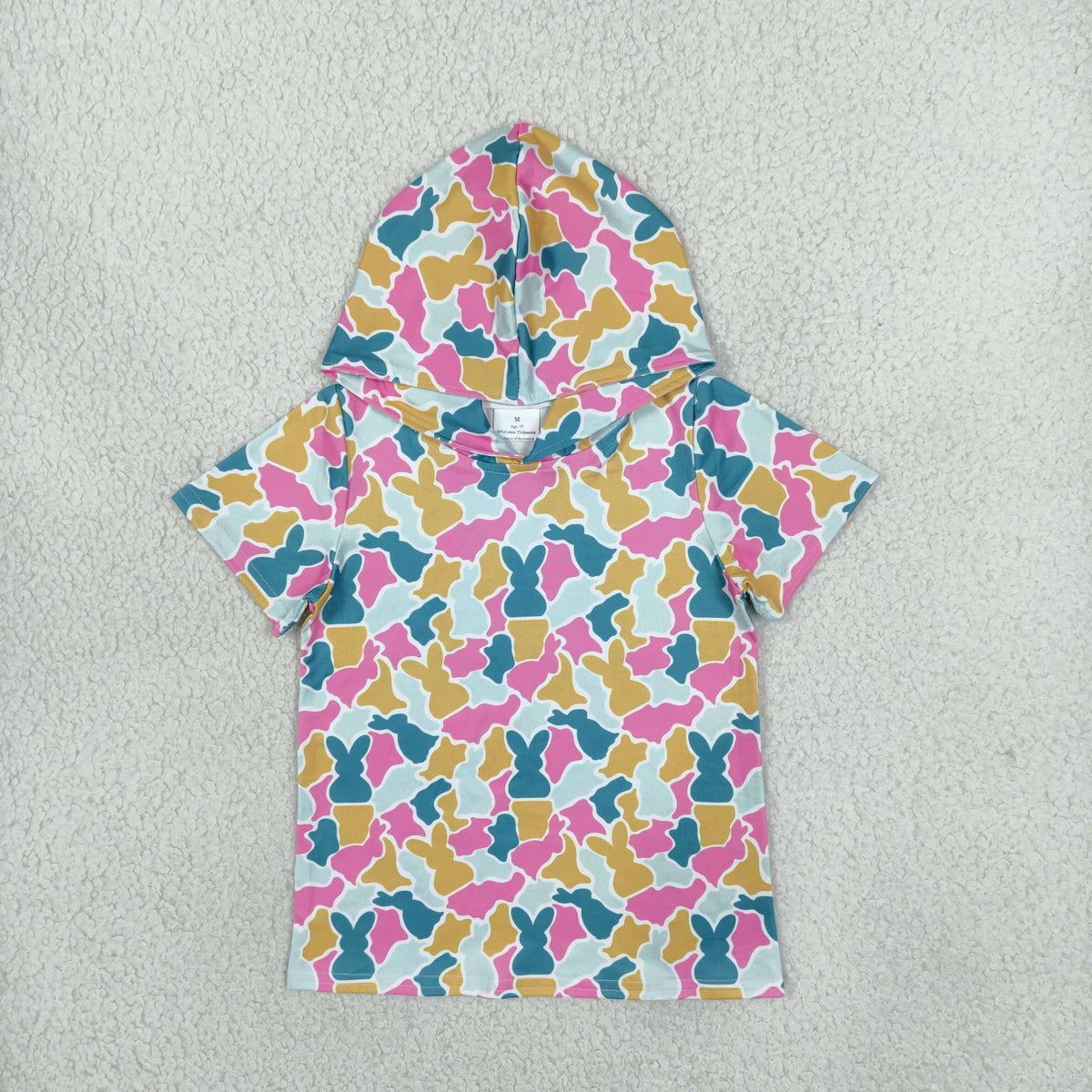 RTS NO MOQ （In stock）milk silk GT1919 Baby Girls Yellow Pink Camo With Rabbit Print Easter Short Sleeve Hoodies Top