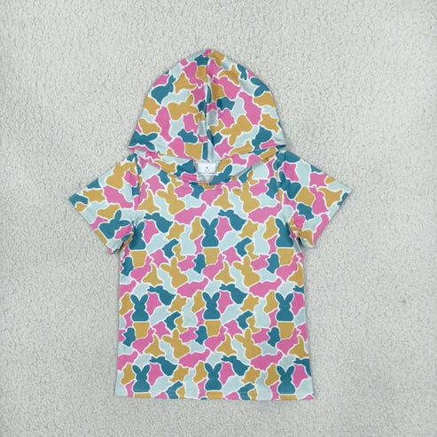 RTS NO MOQ Sibling milk silk Baby Girls And Boys Easter Bunny Camo Print Short Sleeve Hooded T Shirt