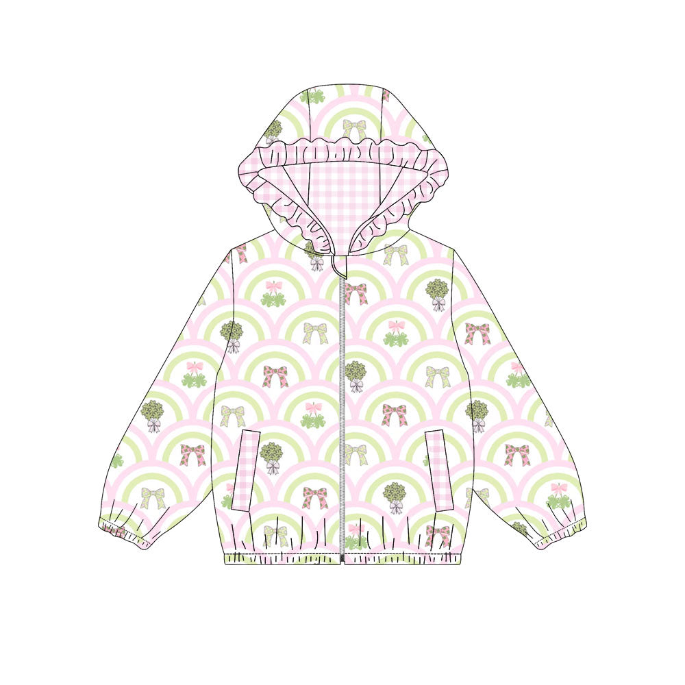 (Preorder new) No moq Baby Girls Heart Print Hooded Jacket Top Shorts Set Ruffle Zip Romper