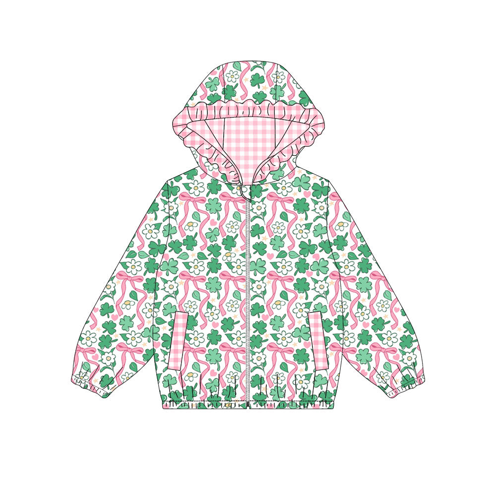 (Preorder new) No moq Baby Girls Bow Print Hooded Zip Jacket Long Sleeve Top Shorts Set Ruffle Zipper Romper Outfit